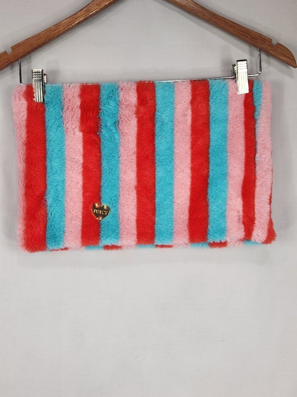 Juicy Couture Kids Winter Striped Snood Scarf Faux Fur Blue Pink Red